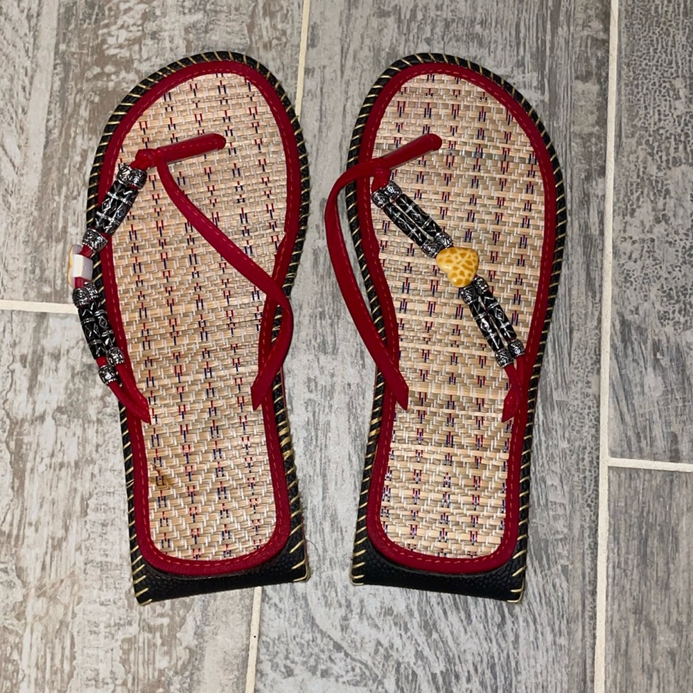 Lightweight Red Beaded Flip Flops